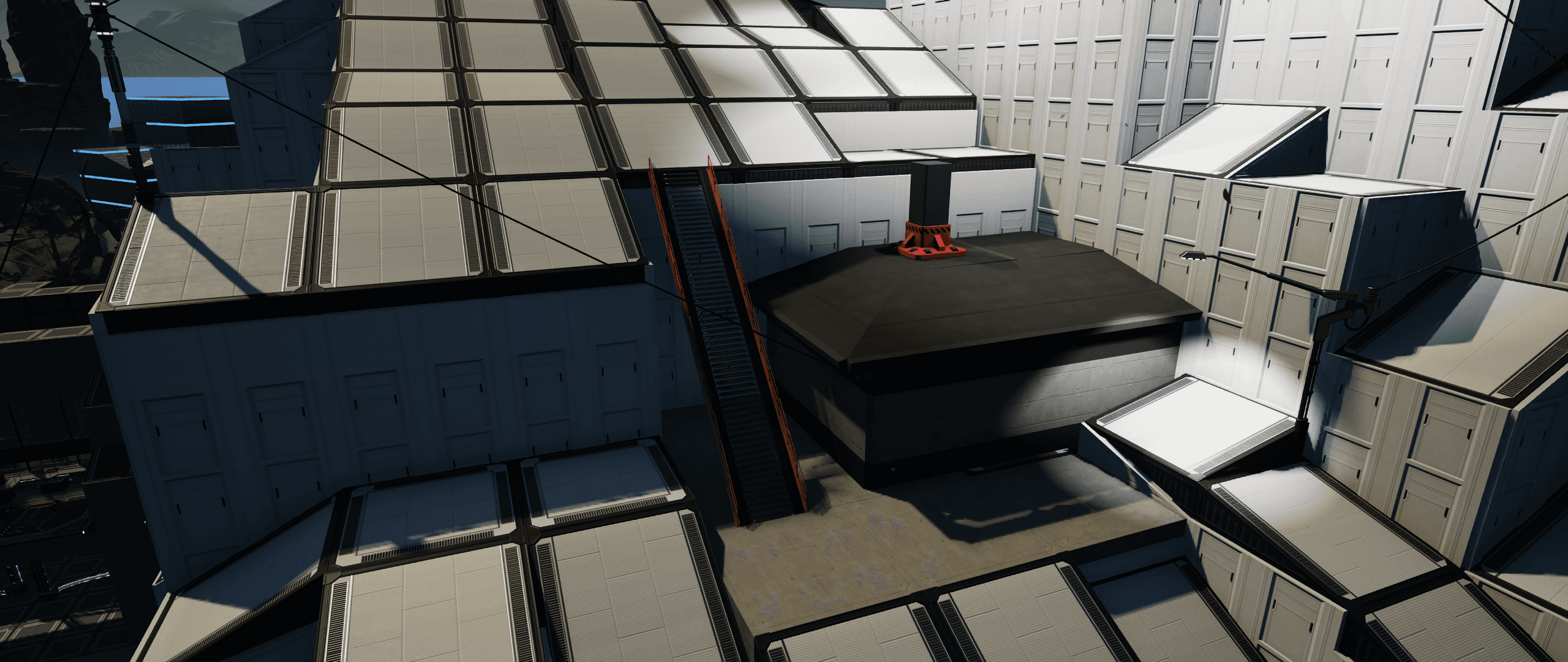 Screenshot showing a house on the ski slope in-game (Satisfactory) where the walls have been truncated to not overlap with the edge of the foundation and cause sliding issues