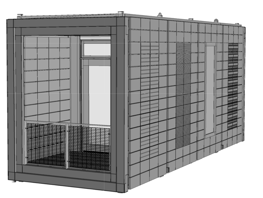 Rendering of the tiny home from the blueprints showing the back balcony enclosure area