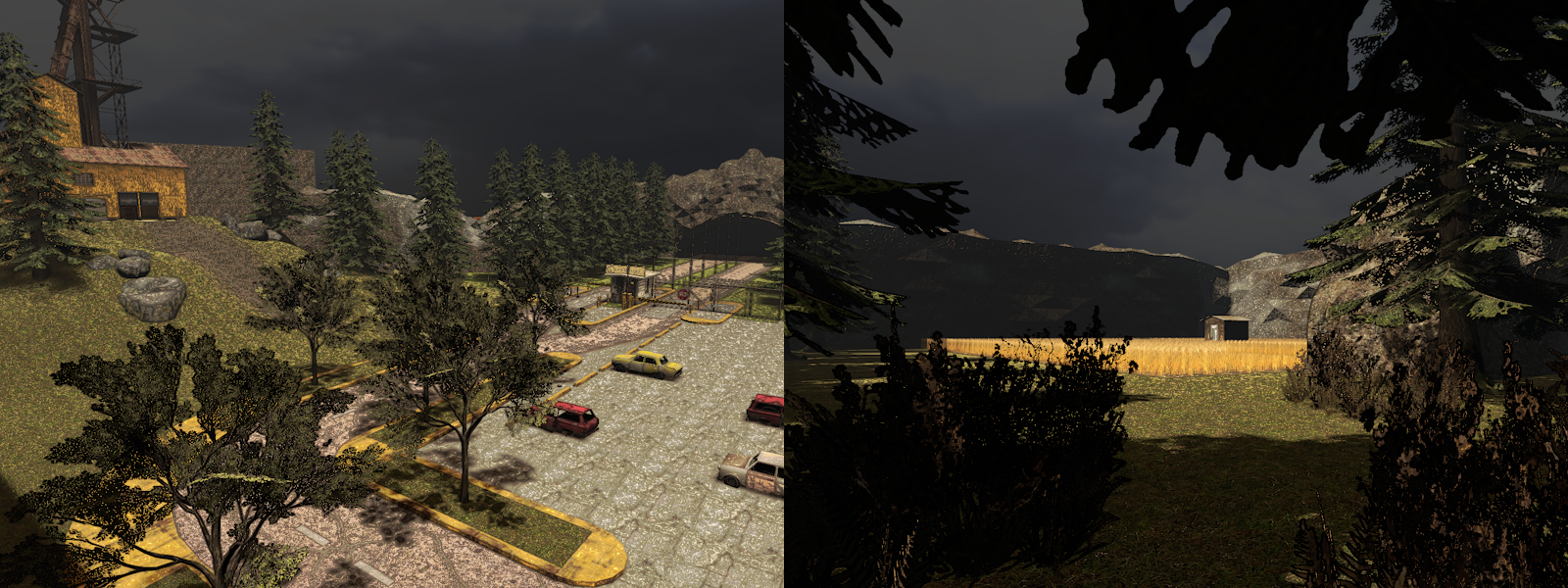 pictures of the lethal aperture portal moon showing the trees and parking lot on the left and the wheat field on the right